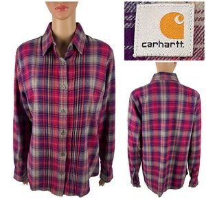 Carhartt Women Large Irvine Flannel Shirt Pleated Plaids 100% Cotton Long Sleeve